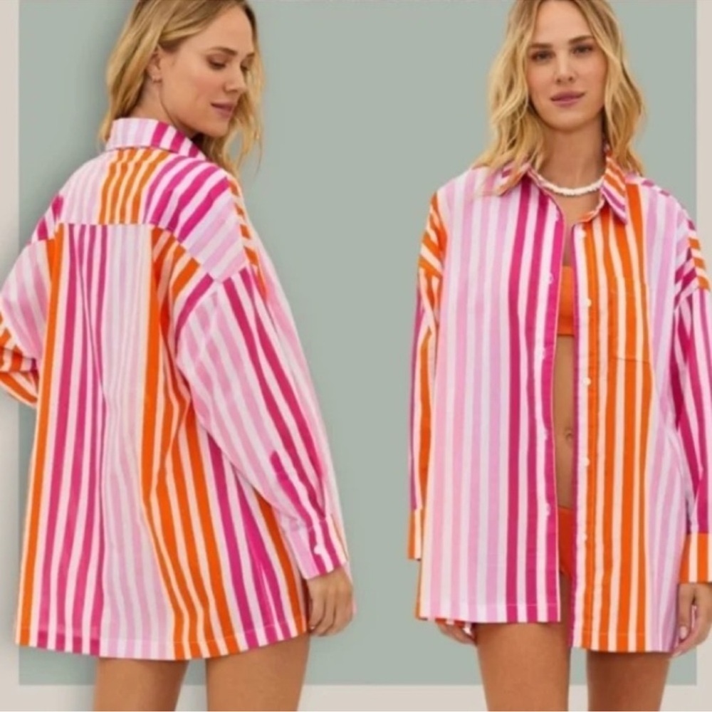 Beach Riot Alexa Button Down Sunset Stripe Coverup Tunic Shirt Sz s/m pink